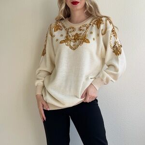 Stunning Vintage 1980s Cream Sweater With Gold Sequins (M/L)